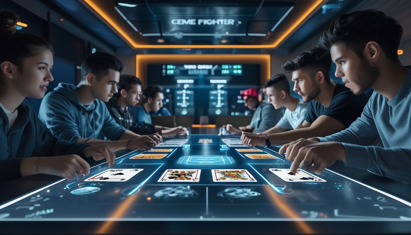 Beberapa orang muda sedang bermain permainan kartu Ceme Fighter di meja digital dengan suasana ruang permainan modern.