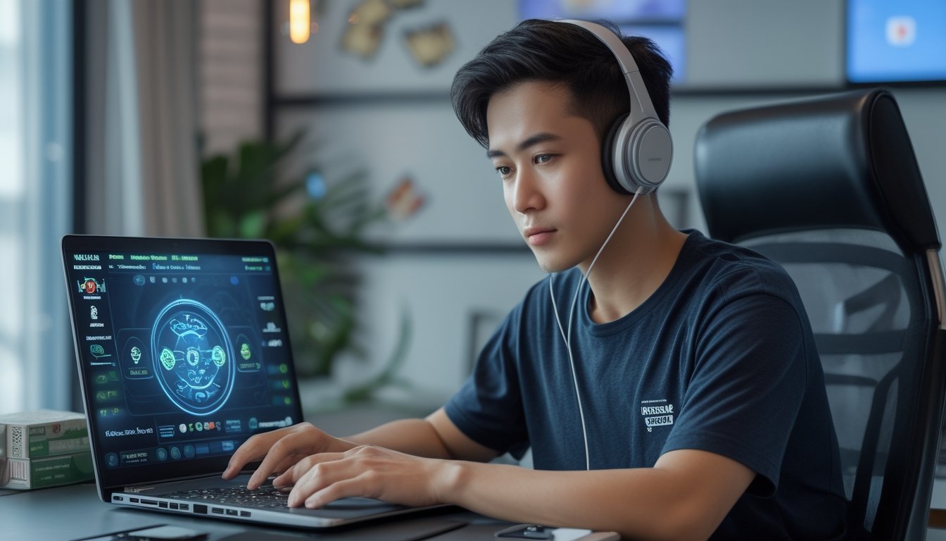 Seorang pria muda duduk di depan laptop di ruang kerja modern, fokus bermain permainan kartu online Ceme.