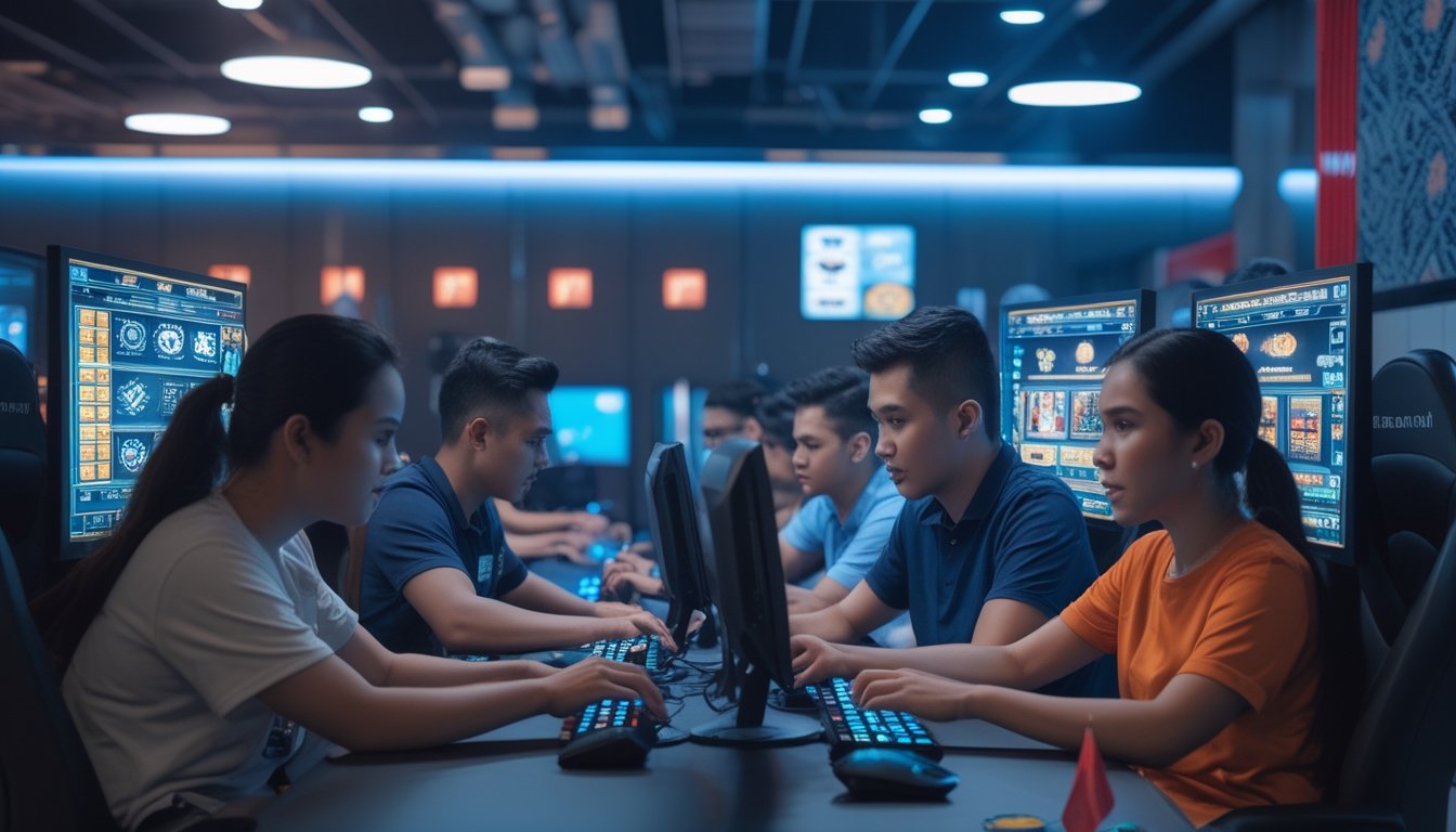 Sekelompok orang muda bermain judi online di depan komputer dengan suasana ruangan modern dan pencahayaan neon.