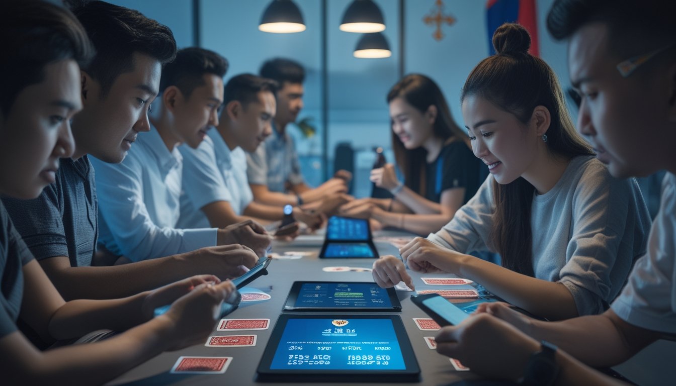 Sekelompok orang muda bermain kartu Ceme Fighter secara online dengan perangkat digital di ruangan modern.