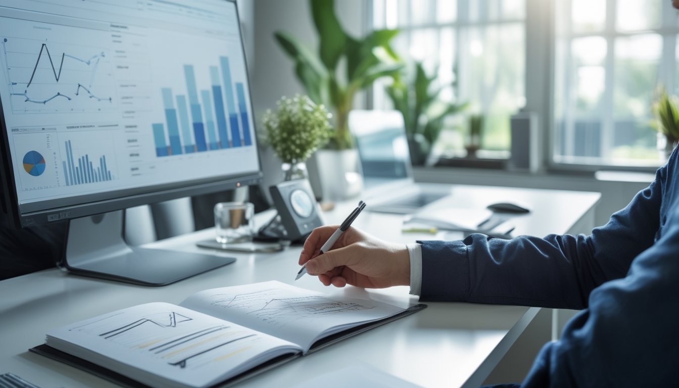 Seorang profesional sedang menganalisis data dan strategi di meja kerja dengan komputer dan catatan.