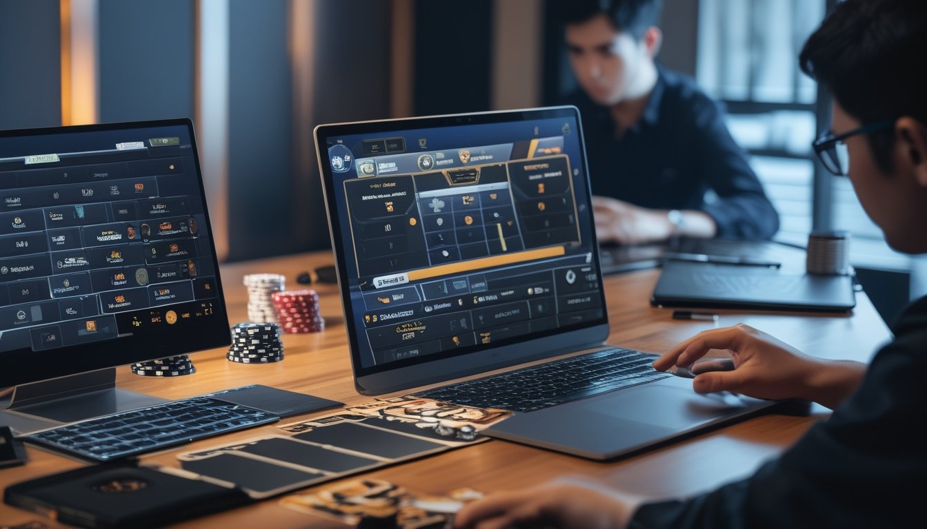 Meja permainan dengan kartu ceme, chip poker, laptop yang menampilkan permainan dan seseorang yang sedang fokus merencanakan strategi.