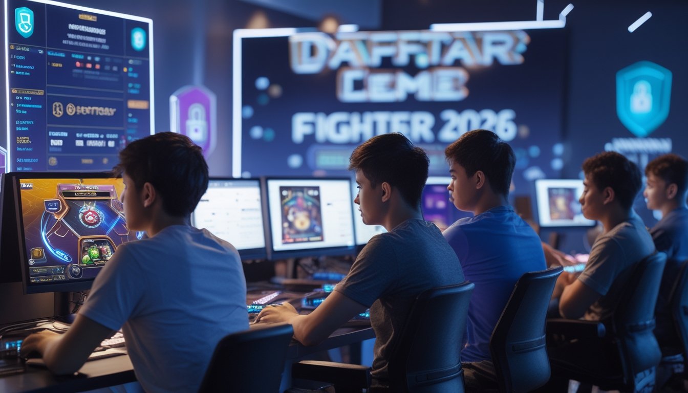 Beberapa orang muda sedang bermain game kartu online di komputer dalam ruangan yang nyaman dengan pencahayaan hangat.