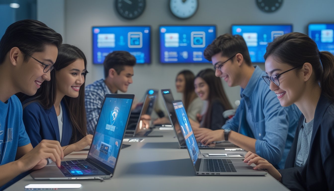 Sekelompok orang muda bermain permainan kartu online di sebuah ruangan modern dengan suasana yang aman dan terpercaya.