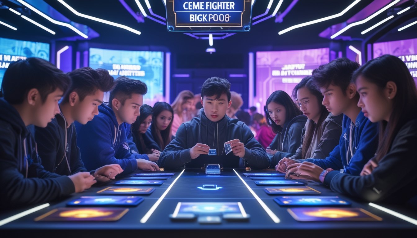 Sekelompok orang muda sedang bermain kartu di meja modern dengan layar holografik di arena permainan berteknologi tinggi.