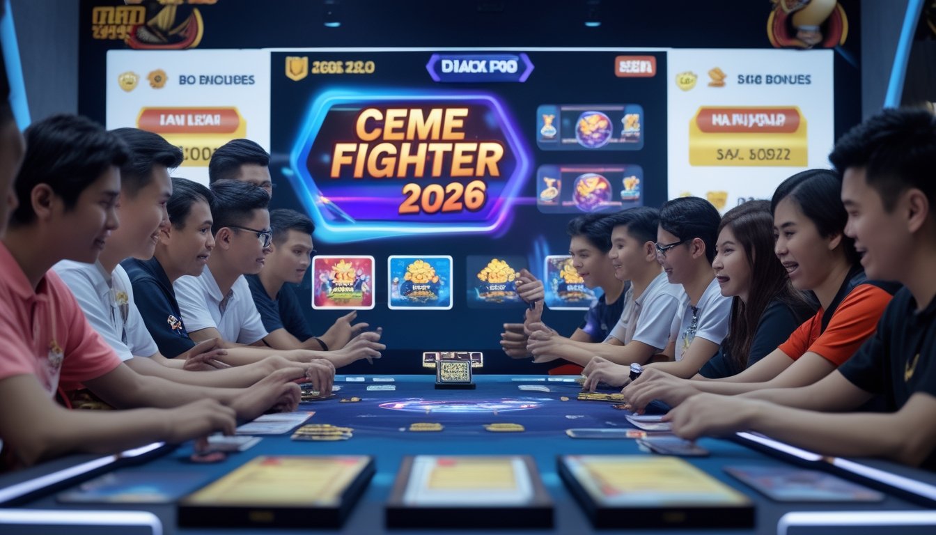 Sekelompok orang sedang bermain game kartu Ceme Fighter dengan layar digital besar yang menampilkan kartu dan elemen permainan.