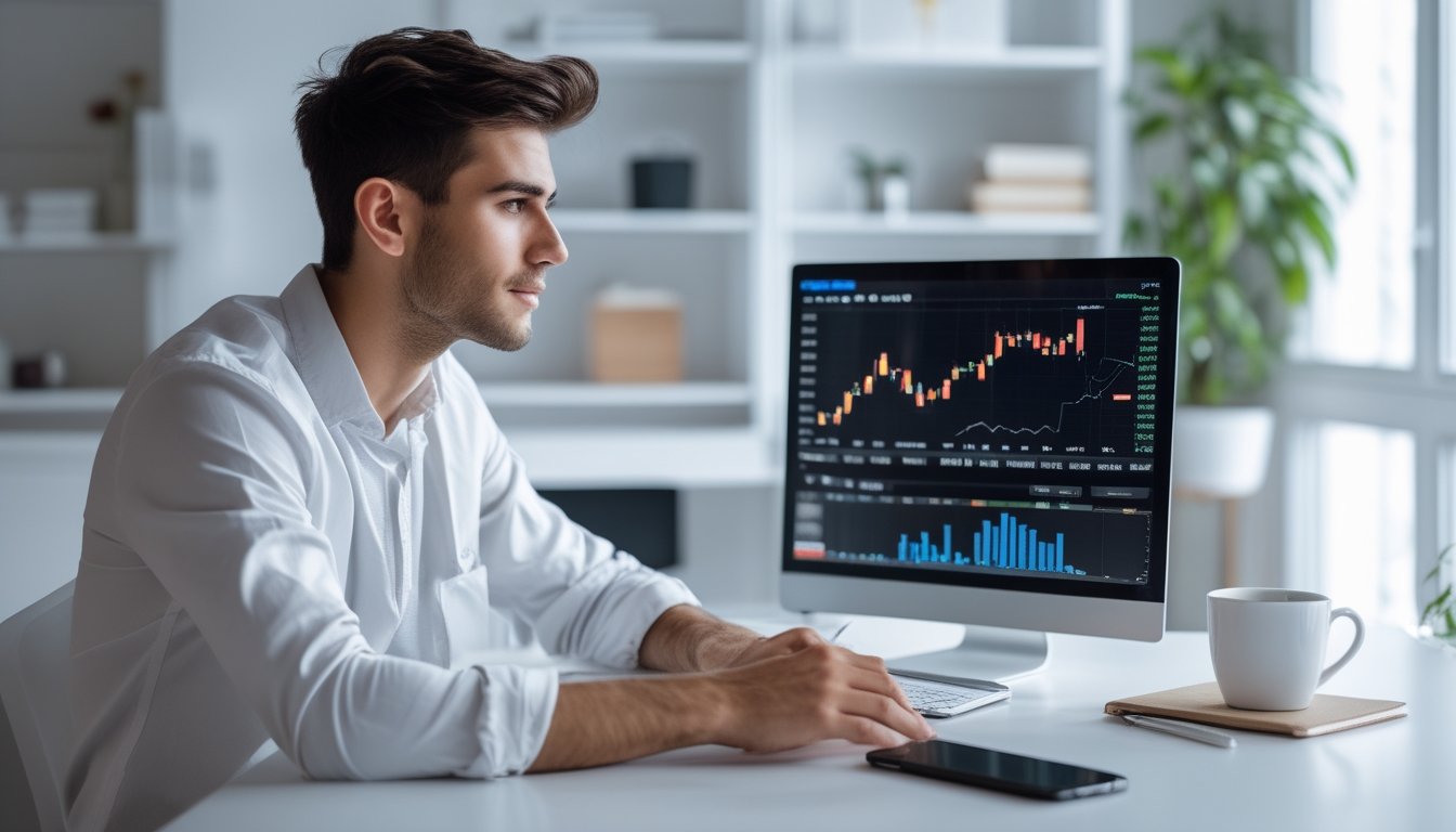 Seorang pria muda duduk di meja modern dengan laptop, fokus melihat grafik keuangan di ruangan kantor rumah yang terang.