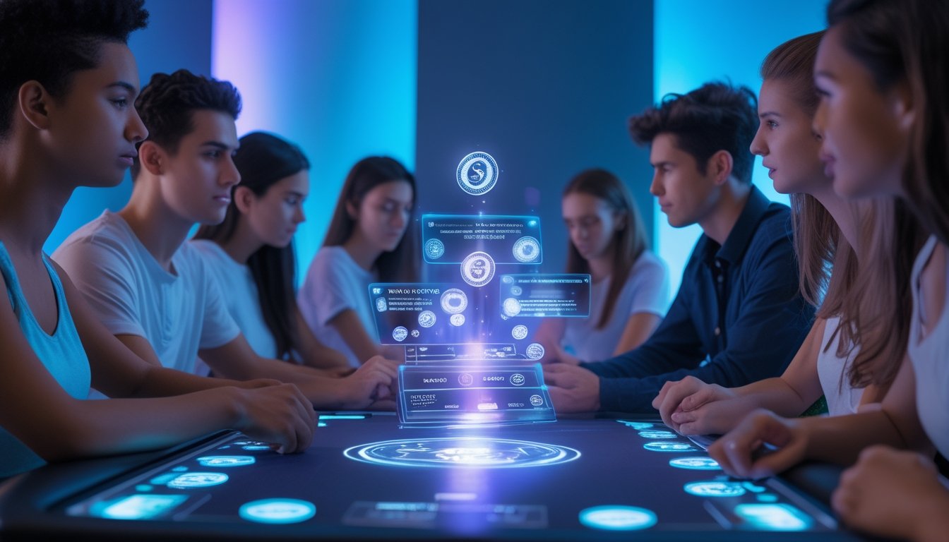Sekelompok orang muda sedang bermain kartu digital di meja dengan pencahayaan futuristik.