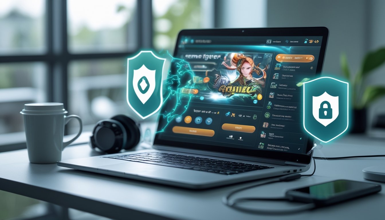 Seorang pengguna di depan komputer dengan tampilan platform permainan kartu online yang aman dan terpercaya di meja kerja minimalis.