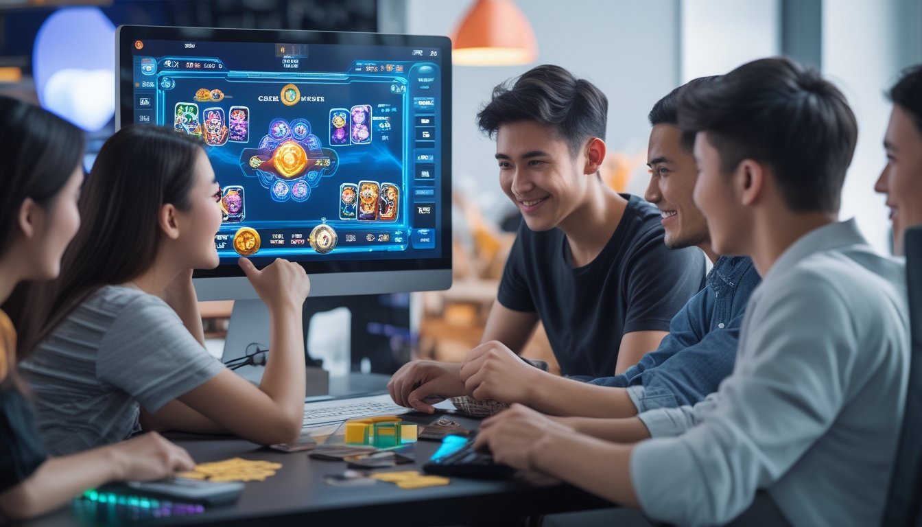 Beberapa orang muda sedang bermain permainan kartu online di depan komputer dengan ekspresi fokus dan senang.
