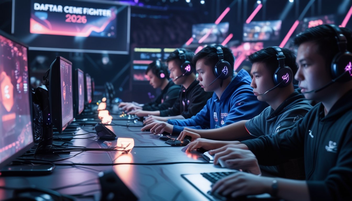 Beberapa pemain profesional sedang bermain game kartu online di arena gaming modern dengan peralatan komputer canggih.