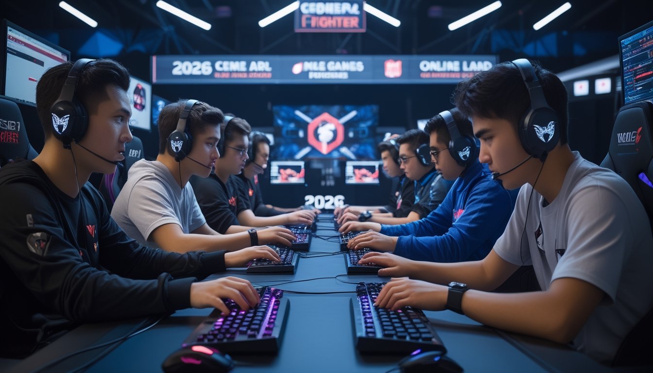 Sekelompok pemain profesional sedang bermain game Ceme Fighter secara online dengan fokus dan antusias di sebuah ruangan gaming modern.