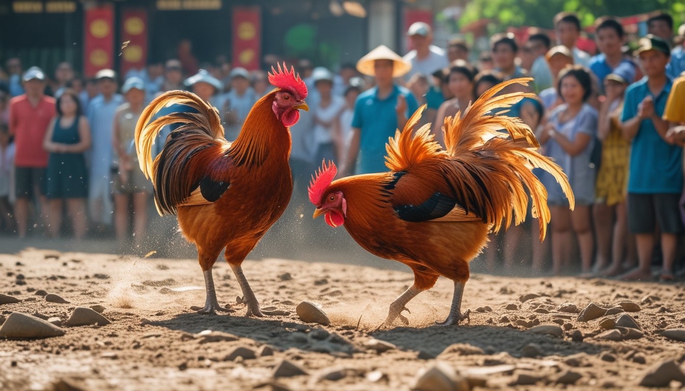 Dua ayam jago sedang bertarung di depan kerumunan orang yang antusias di luar ruangan dengan latar belakang pepohonan dan bangunan tradisional Vietnam.