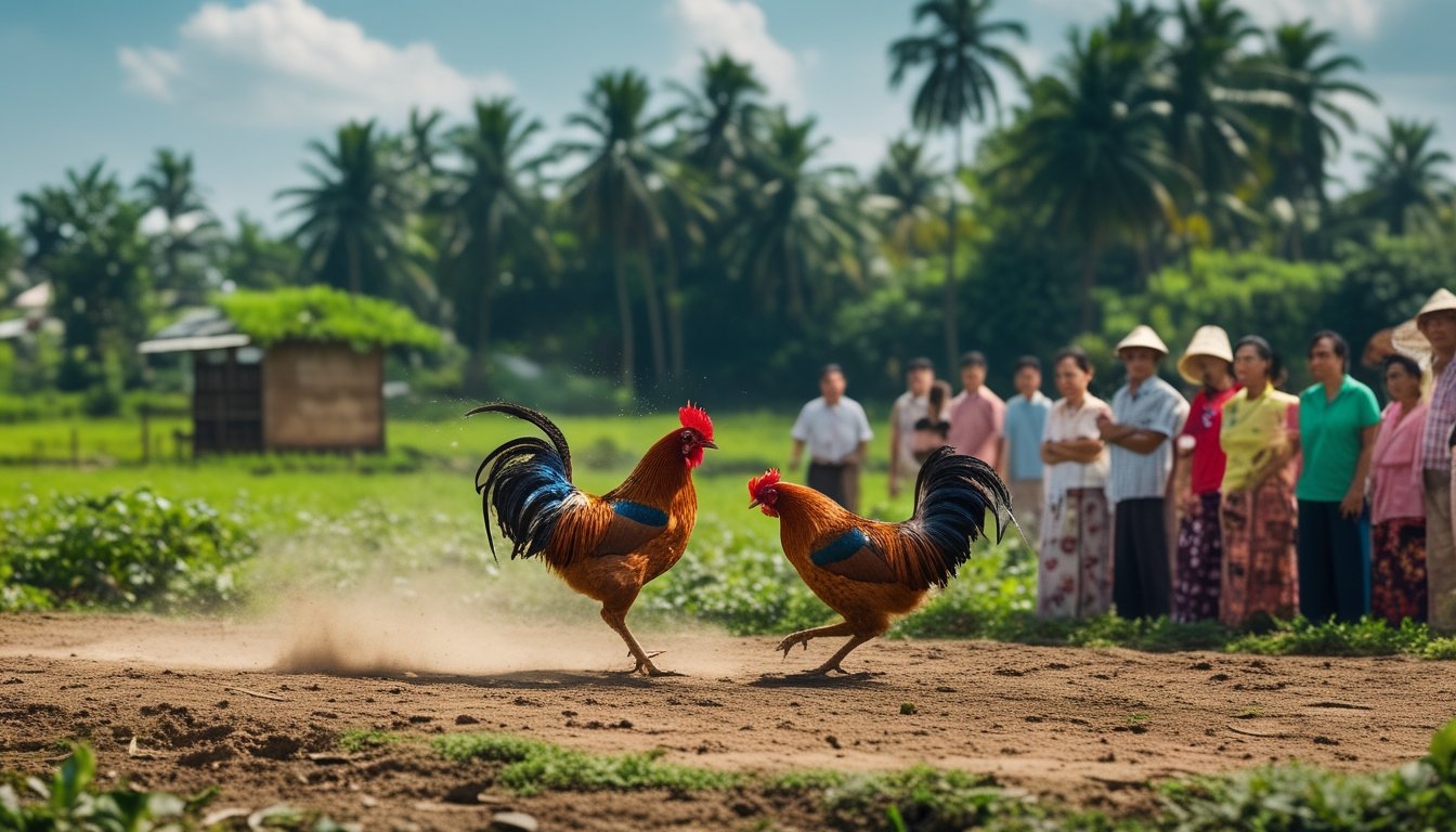 Dua ayam jago sedang bertarung di luar ruangan dengan penonton yang memperhatikan di latar belakang di area pedesaan Vietnam.