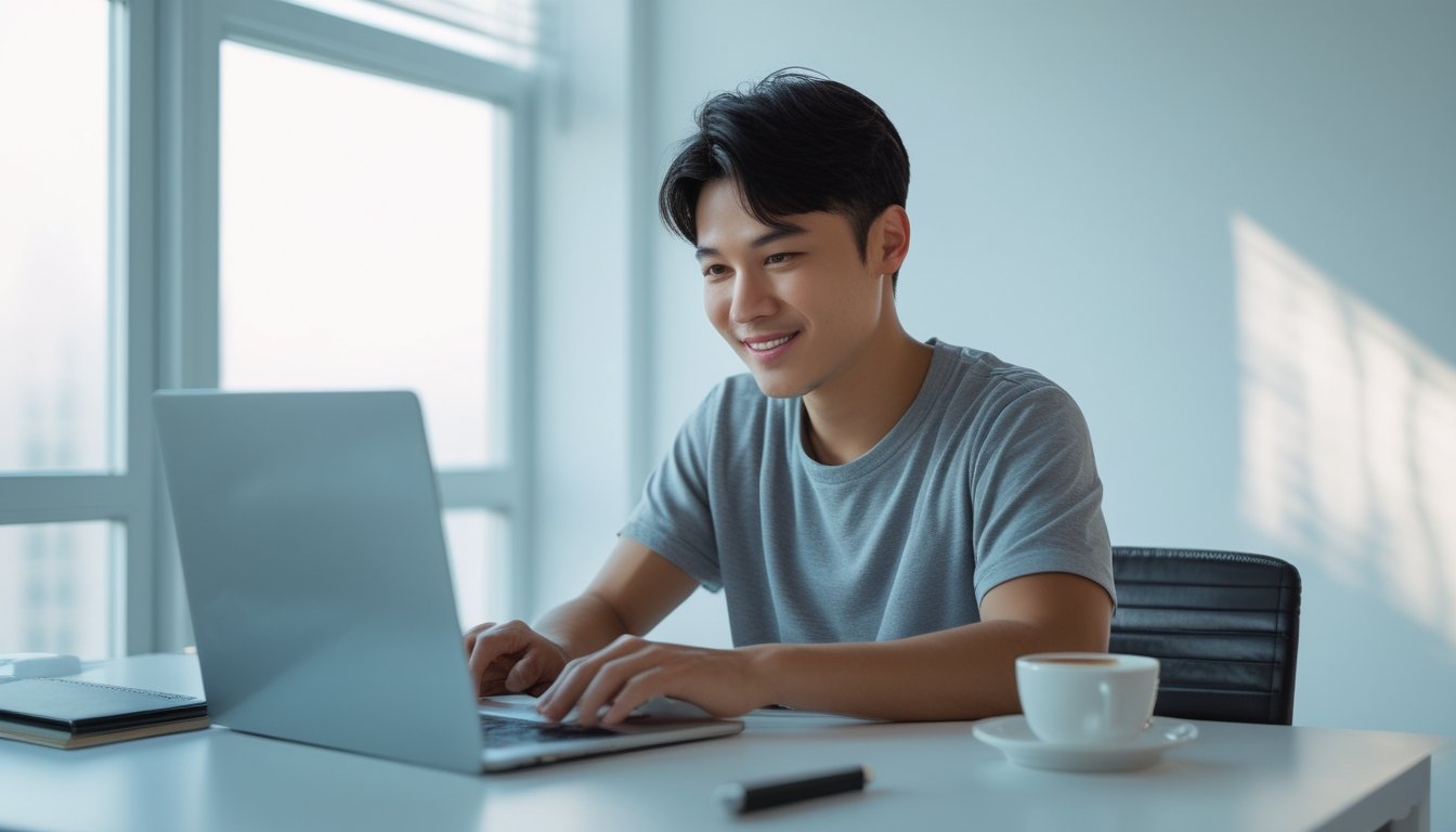 Seorang pria muda sedang duduk di meja dengan laptop, fokus mendaftar secara online di ruangan yang terang dan rapi.