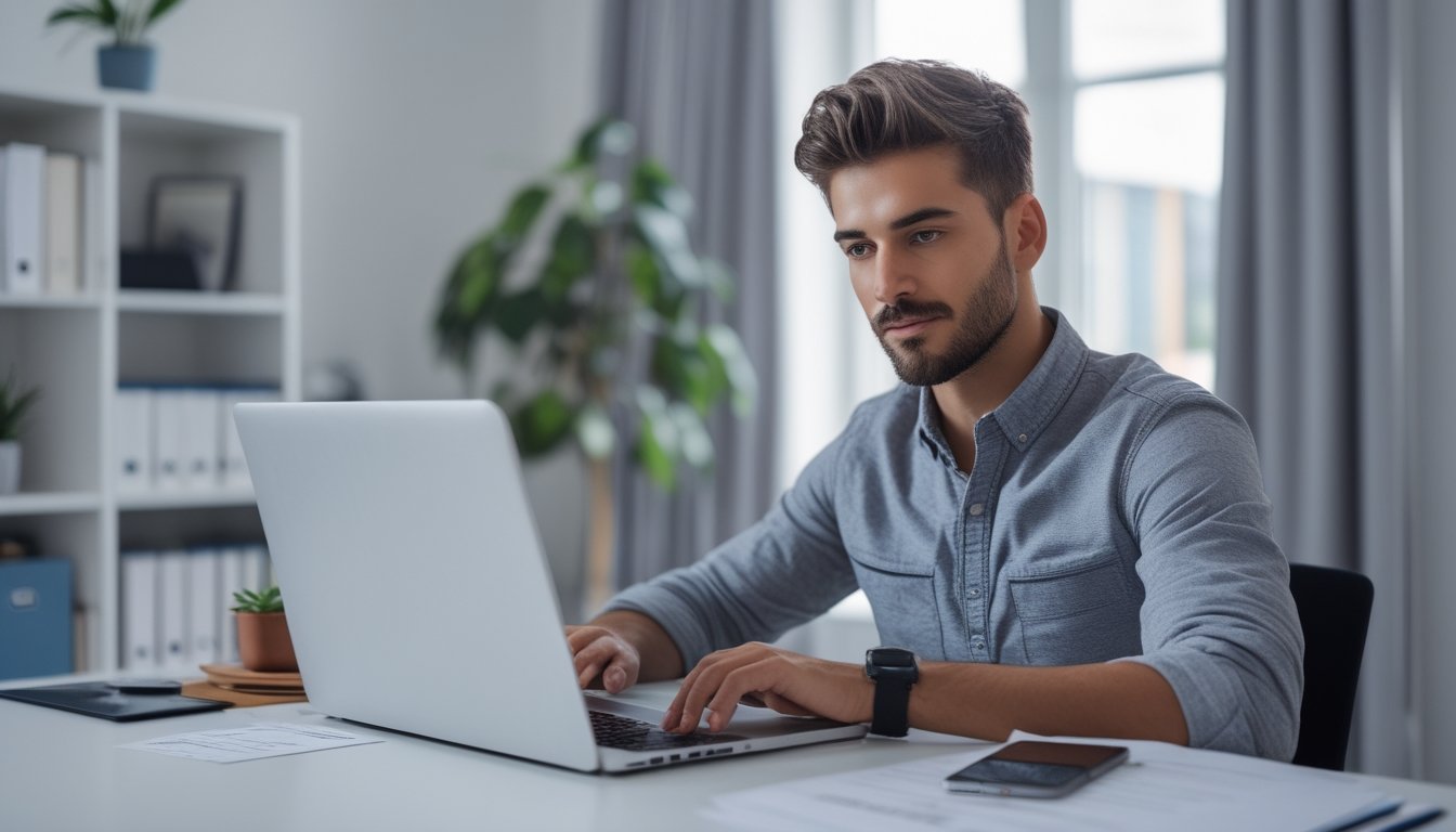 Seorang pria muda duduk di meja kerja dengan laptop dan dokumen, sedang menyiapkan data akun pribadi di ruang kerja yang rapi dan terang.