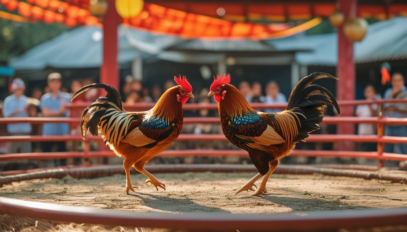 Kerumunan orang menonton dua ayam jago bertarung di arena terbuka dengan suasana cerah dan ramai.