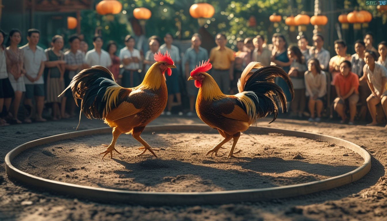 Dua ayam jago sedang bertarung di arena dengan penonton yang memperhatikan di sekelilingnya, latar belakang menampilkan elemen budaya Vietnam.