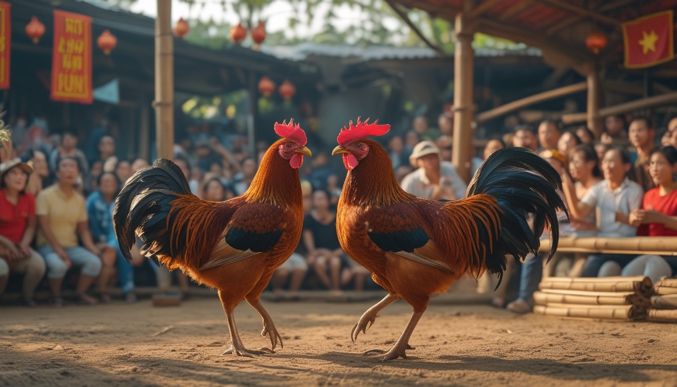 Dua ayam jago sedang bertarung di arena terbuka dengan penonton yang antusias di sekitarnya.