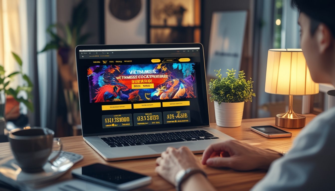Seseorang menggunakan laptop di meja kayu dengan layar menampilkan antarmuka taruhan online sabung ayam Vietnam, dikelilingi oleh ponsel dan secangkir kopi.