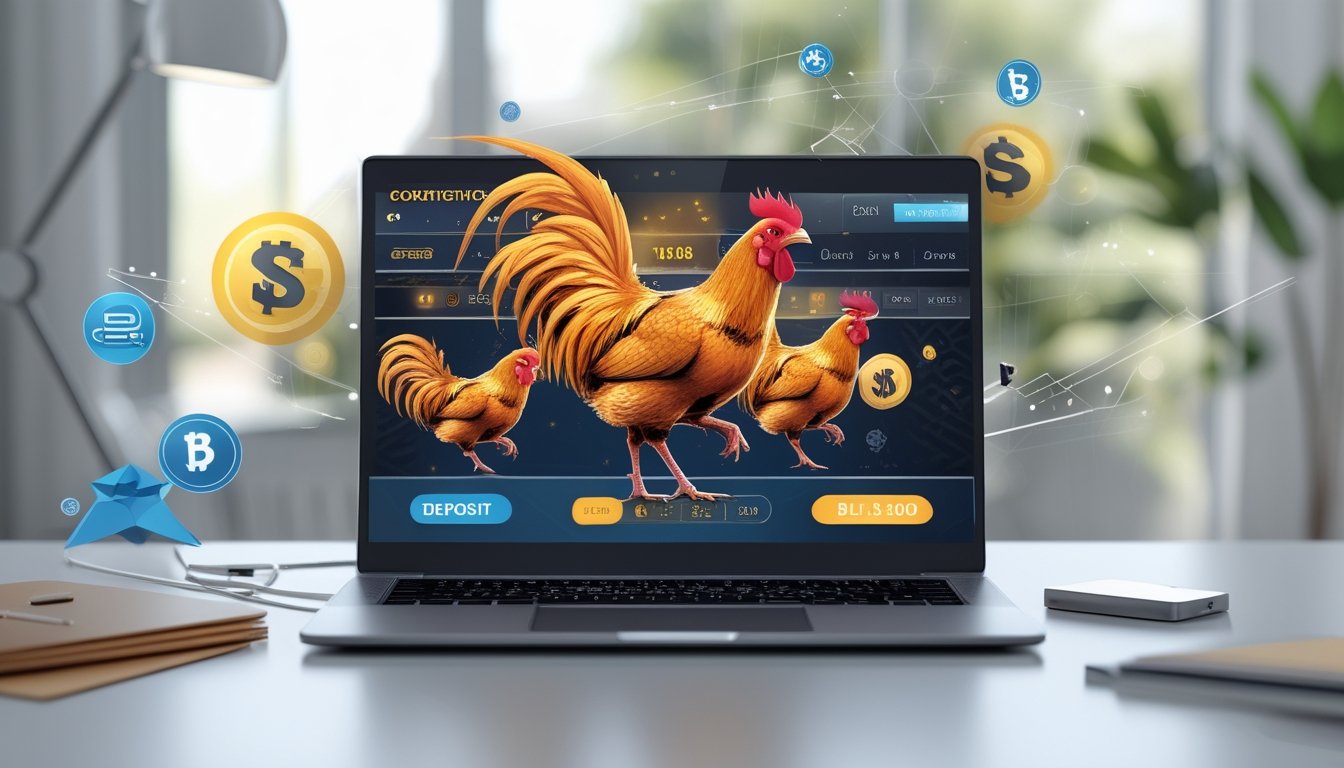 Sebuah komputer modern di atas meja dengan layar menampilkan ilustrasi ayam jago dan elemen transaksi digital yang menggambarkan taruhan sabung ayam Vietnam online.