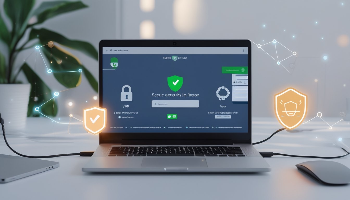 Meja kerja modern dengan laptop yang menampilkan halaman login aman, dikelilingi ikon keamanan digital dan jaringan yang menyala lembut.