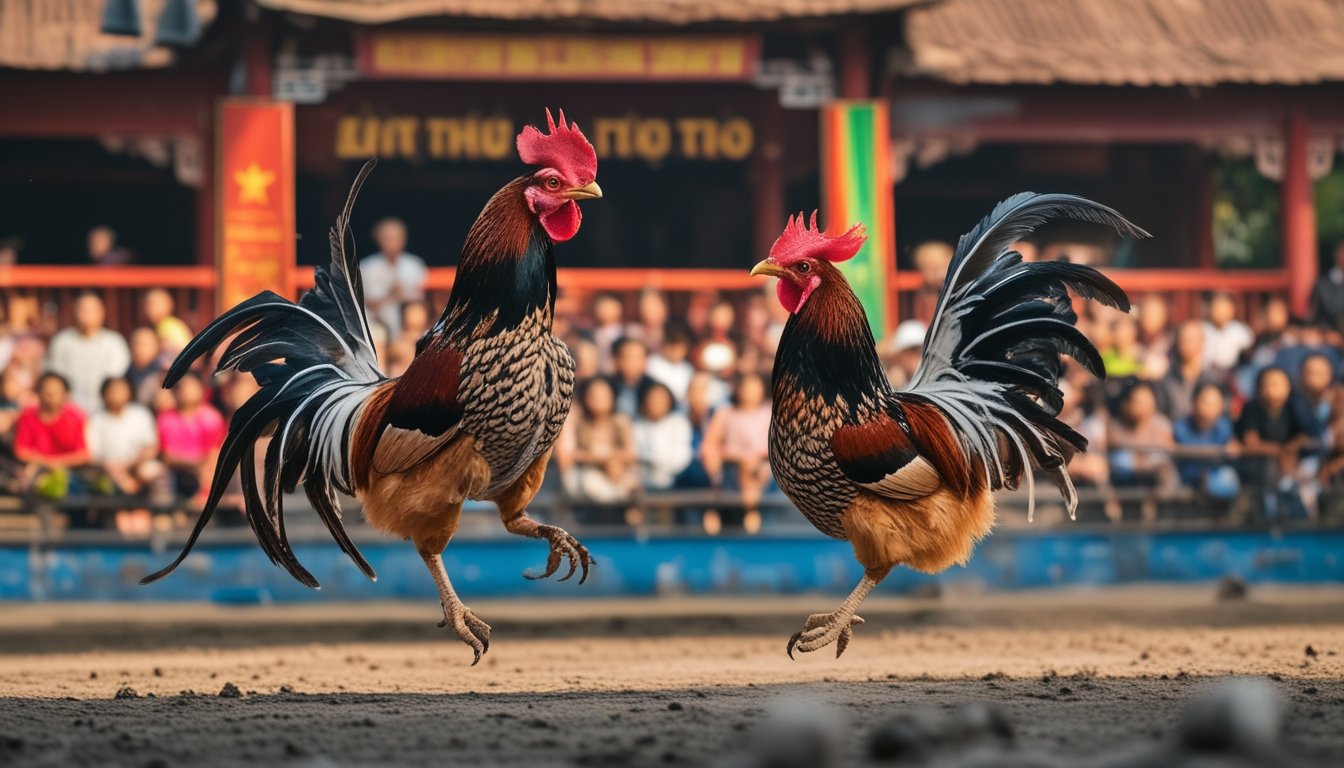 Dua ayam jago sedang bertarung di arena dengan penonton yang antusias di latar belakang.
