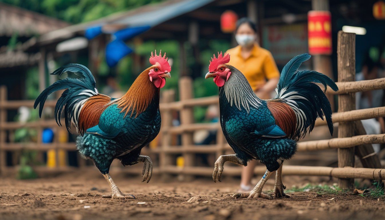 Dua ayam aduan Vietnam sedang bertarung di latar belakang pedesaan dengan pasar Asia yang ramai.