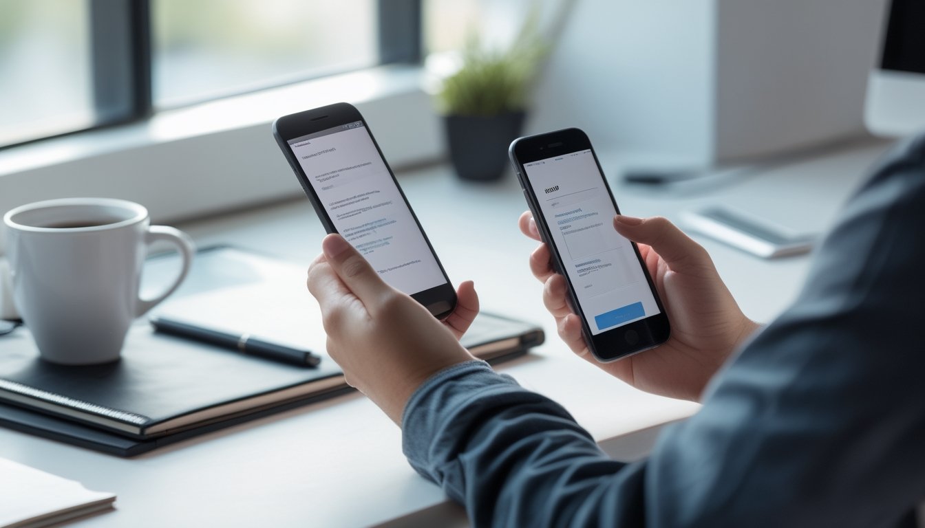 Seseorang menggunakan ponsel Android dan iPhone di meja kerja dengan latar belakang terang.