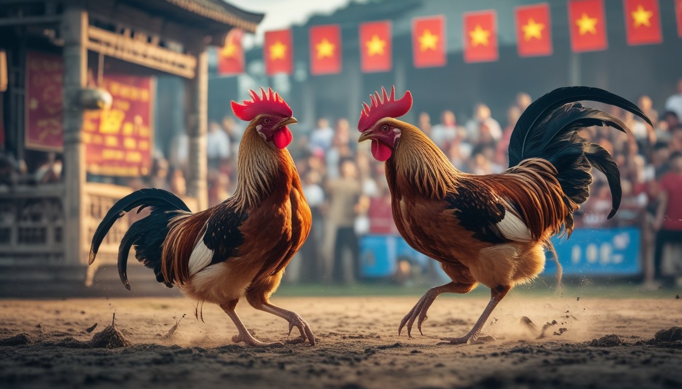 Dua ayam jago sedang bertarung di arena sabung ayam tradisional dengan penonton di latar belakang.