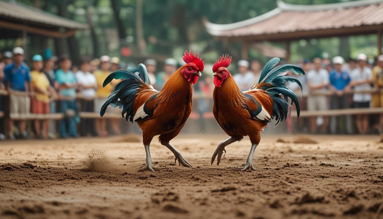 Dua ayam jago sedang bertarung di arena luar ruangan dengan penonton di sekelilingnya, menunjukkan suasana sabung ayam Vietnam yang ramai.