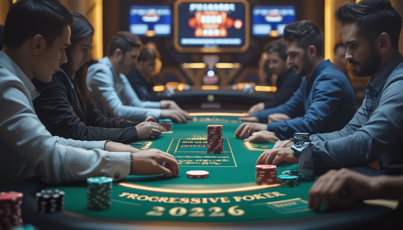Meja poker dengan pemain yang sedang bermain, tumpukan chip poker, dan layar digital menampilkan jumlah jackpot di latar belakang.