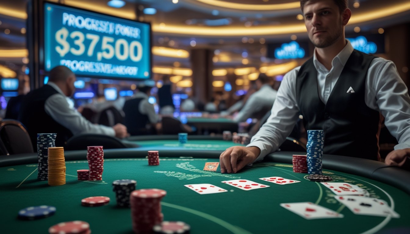 Meja poker dengan tumpukan chip dan kartu, dealer membagikan kartu, layar digital menampilkan jackpot besar di latar belakang kasino.