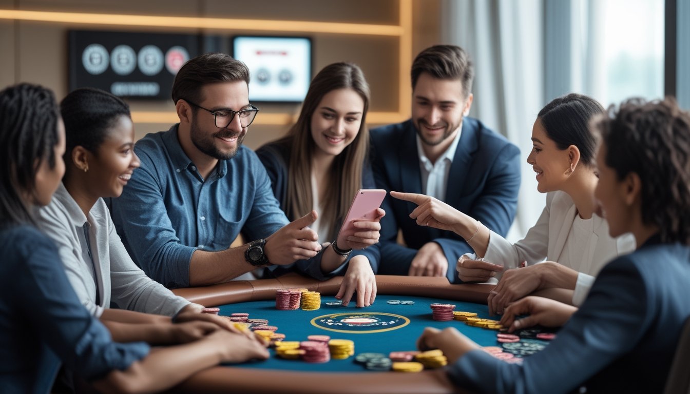 Sekelompok orang berkumpul di meja poker dengan chip dan kartu, satu orang menunjukkan aplikasi poker di tablet, suasana ramah dan fokus.