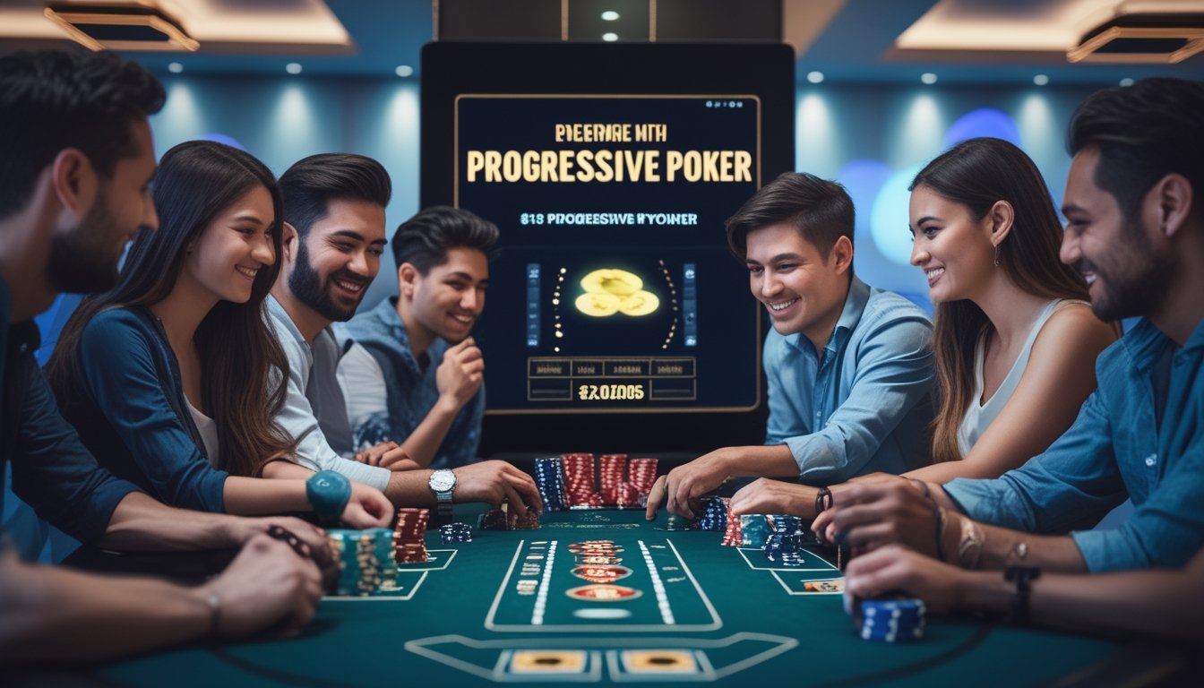 Meja poker dengan chip dan kartu, beberapa pemain yang fokus bermain di suasana kasino modern.