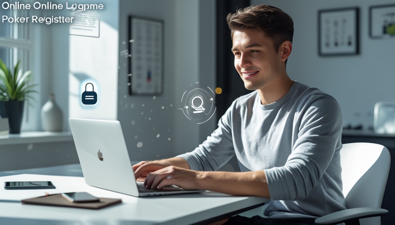 Seseorang duduk di meja dengan laptop, sedang mendaftar poker online dengan suasana ruangan yang terang dan rapi.