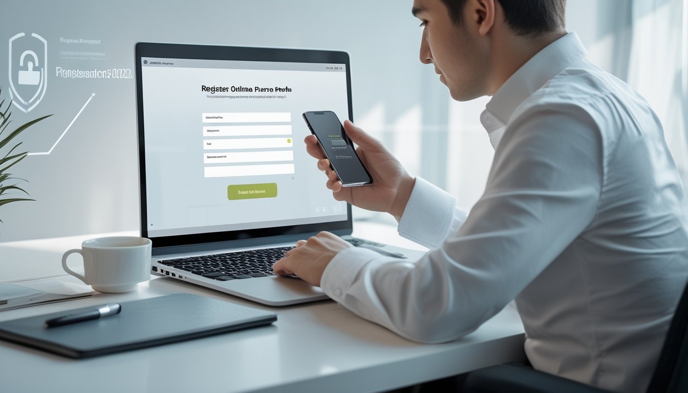 Seseorang duduk di meja kerja dengan laptop dan ponsel, sedang mendaftar secara online di lingkungan kantor yang rapi dan terang.