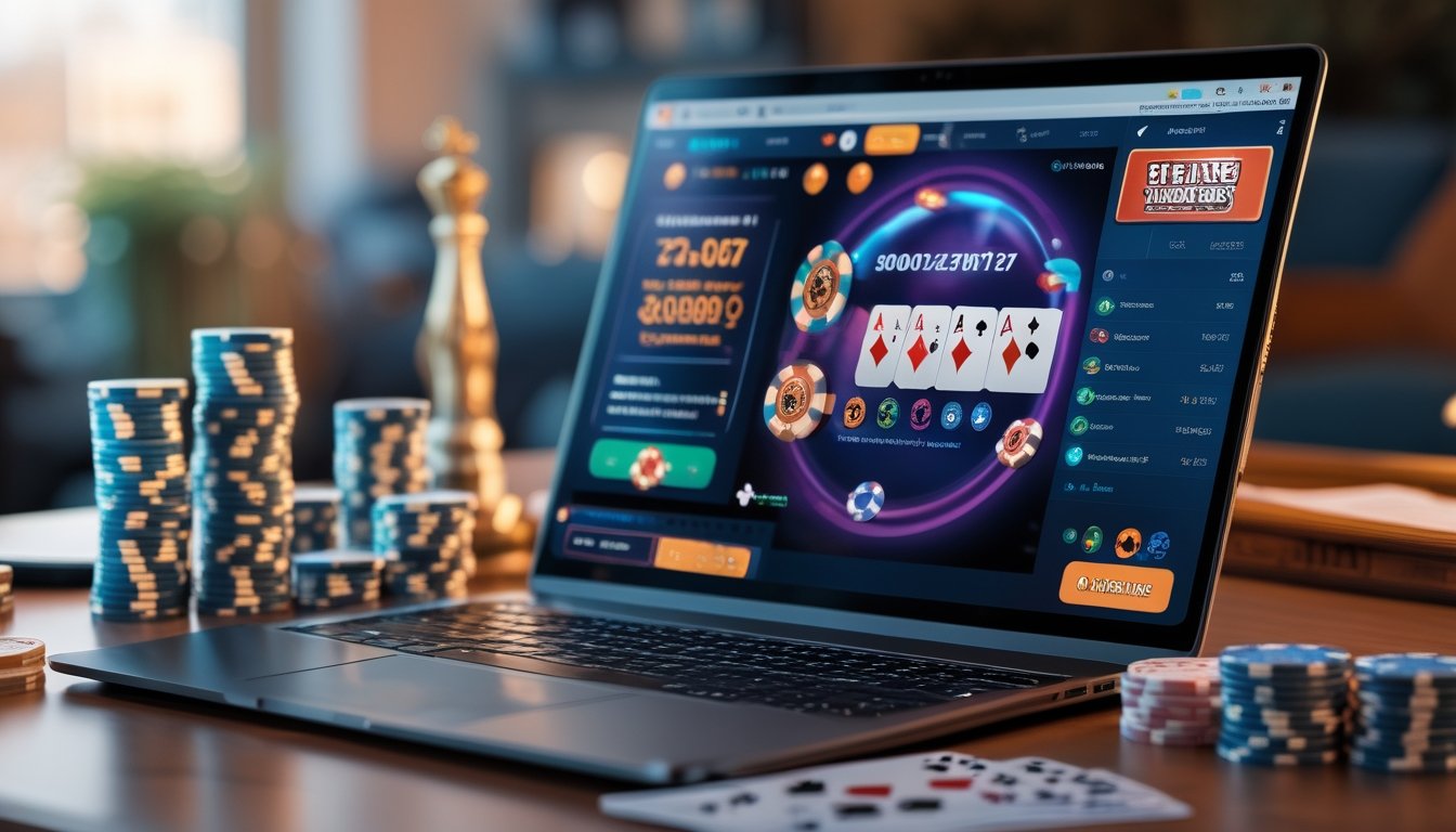 Seorang pemain poker online menggunakan laptop dengan tumpukan chip dan kartu poker di meja dalam ruangan yang nyaman.