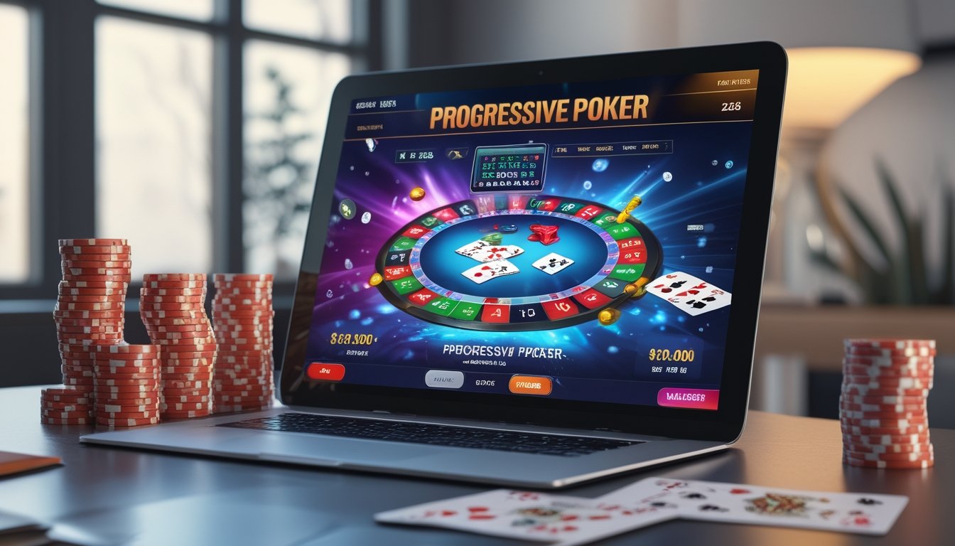 Seseorang bermain poker online dengan laptop dan chip poker di meja, menunjukkan suasana permainan poker progresif.
