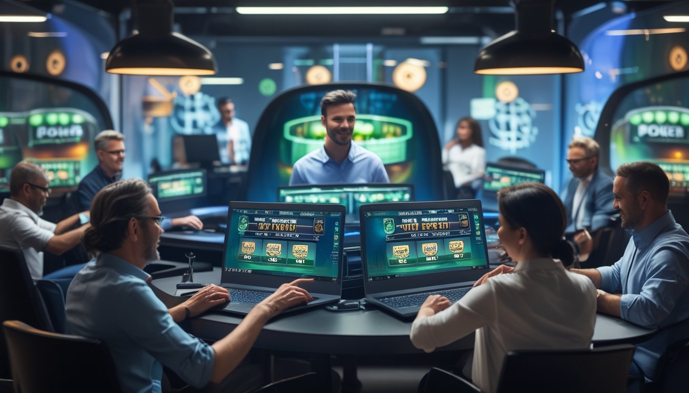 Sejumlah orang bermain poker online di ruang kerja modern dengan beberapa layar komputer yang menampilkan permainan poker dan suasana yang profesional dan terpercaya.