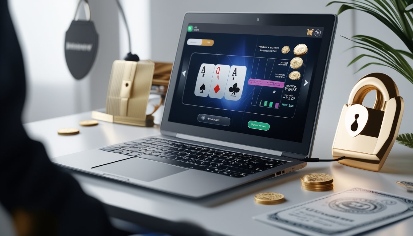 Seorang pemain poker online menggunakan laptop dengan tampilan permainan poker dan chip di meja yang rapi.