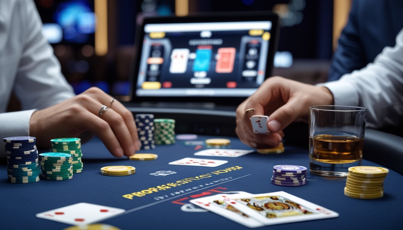 Meja poker dengan tumpukan chip warna-warni dan tangan yang memegang kartu, suasana kasino yang terang dan fokus pada permainan poker.