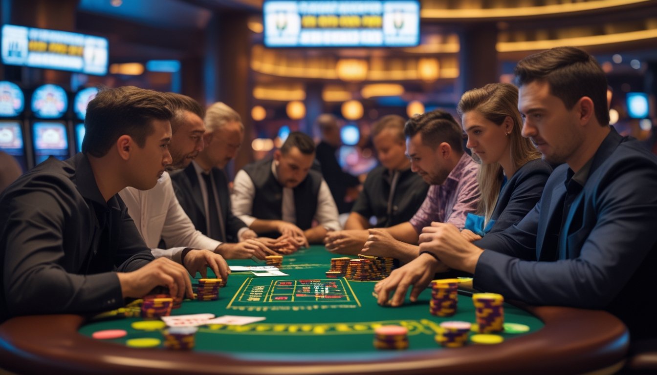 Sekelompok pemain poker fokus bermain di meja kasino dengan tumpukan chip dan kartu, menampilkan suasana permainan progresif dengan tampilan jackpot yang meningkat di latar belakang.