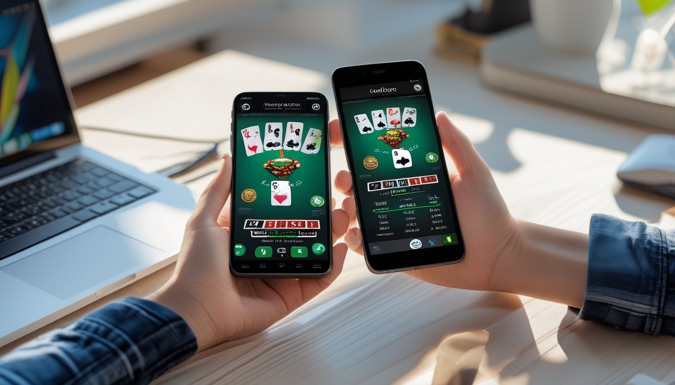 Dua tangan memegang smartphone Android dan iPhone yang menampilkan permainan poker di atas meja kerja dengan laptop di latar belakang.
