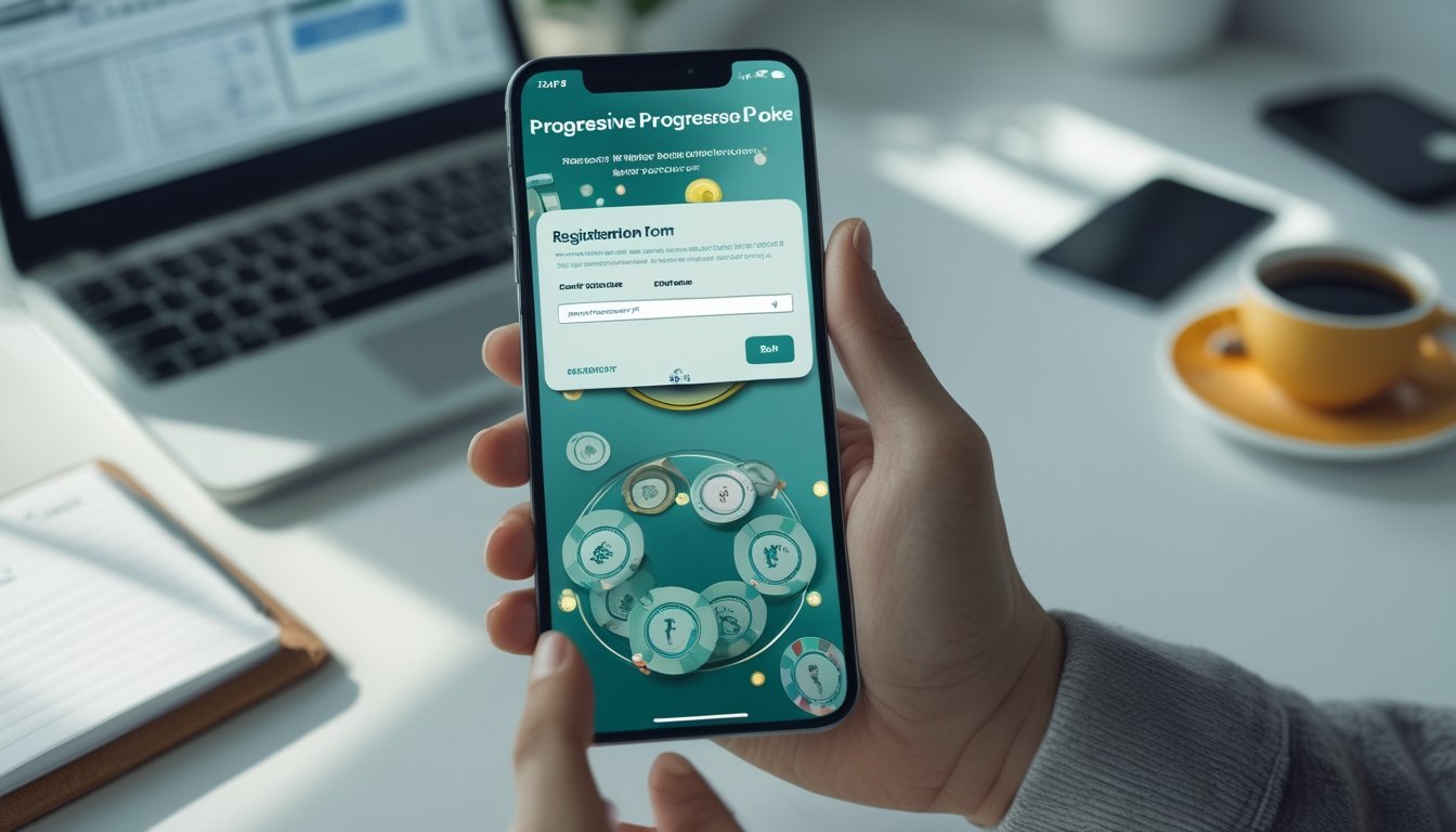 Seseorang memegang smartphone dengan tampilan aplikasi Progressive Poker, di latar belakang meja kerja dengan laptop dan cangkir kopi.