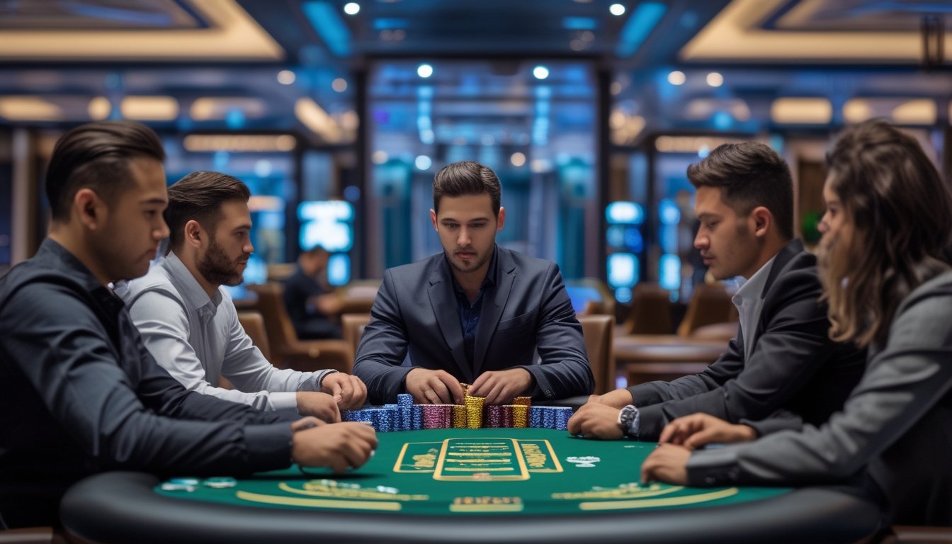 Beberapa pemain poker duduk mengelilingi meja poker dengan tumpukan chip di kasino yang terang dan bergaya.