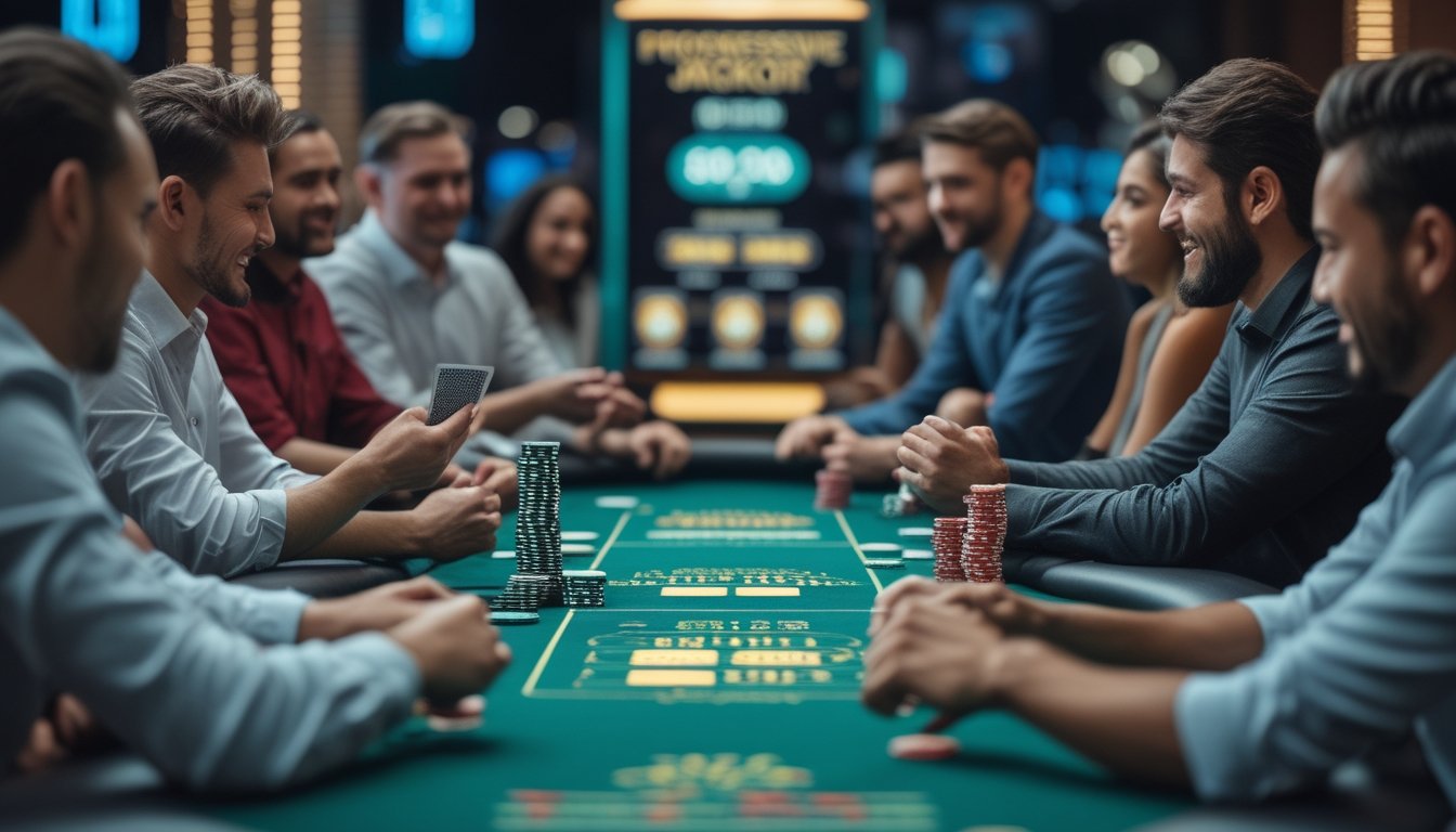 Beberapa pemain poker sedang bermain di meja poker dengan tumpukan chip dan kartu, suasana kasino yang ramai dan modern.