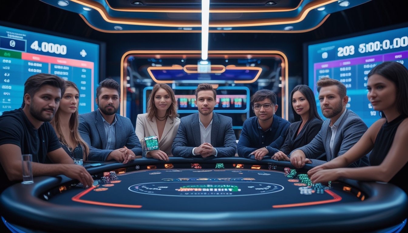 Sekelompok pemain poker yang fokus di meja poker modern dengan tampilan digital dan chip holografik, menunjukkan suasana permainan poker progresif yang canggih.