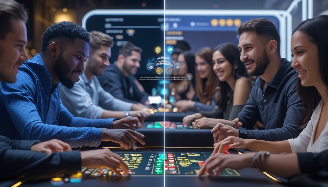 Beberapa pemain poker sedang bermain di depan dua layar komputer yang menampilkan permainan Progressive Poker dan poker online biasa dengan latar belakang ruangan permainan modern.