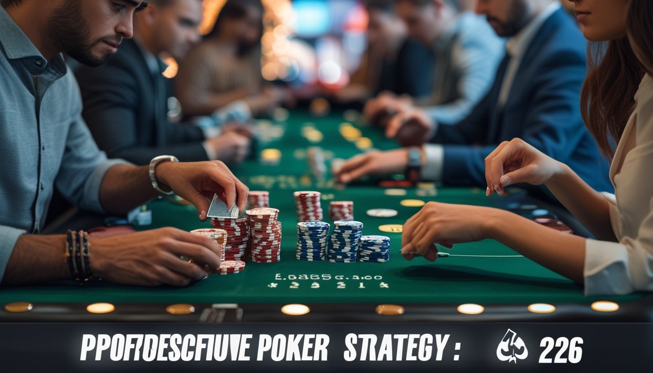 Meja poker dengan pemain yang serius bermain di kasino, tumpukan chip poker dan kartu terlihat jelas.